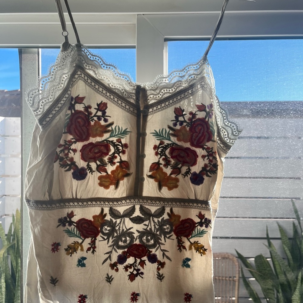 Cream Lace Top with Blue Accents